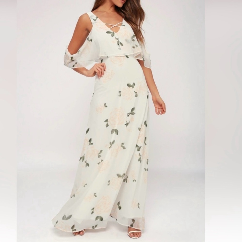 NWT Lulus The Very Thought of You White Pink Floral Ruffle Maxi Dress MEDIUM